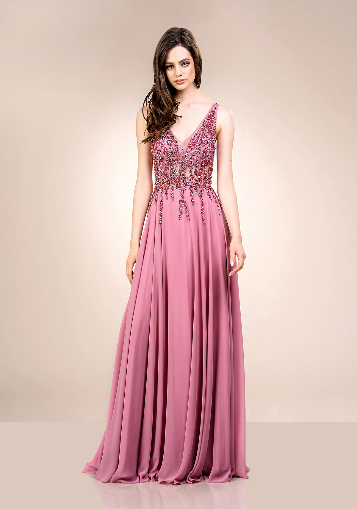 Abito Da Sera In Chiffon Con Strass In Rosa Geranio Christian Koehlert