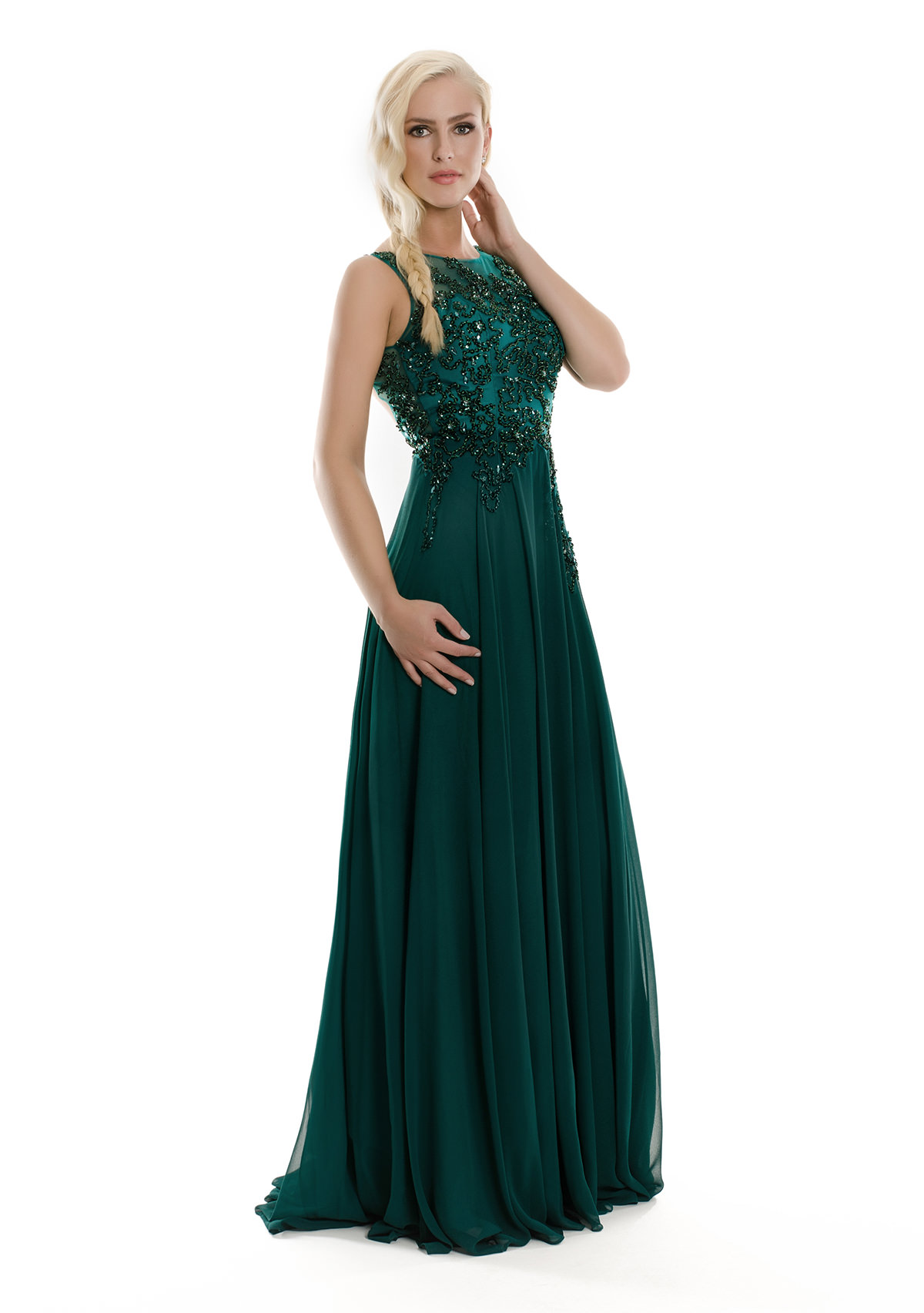 Robe de soirée en mousseline de soie à décor pailleté en vert bouquet