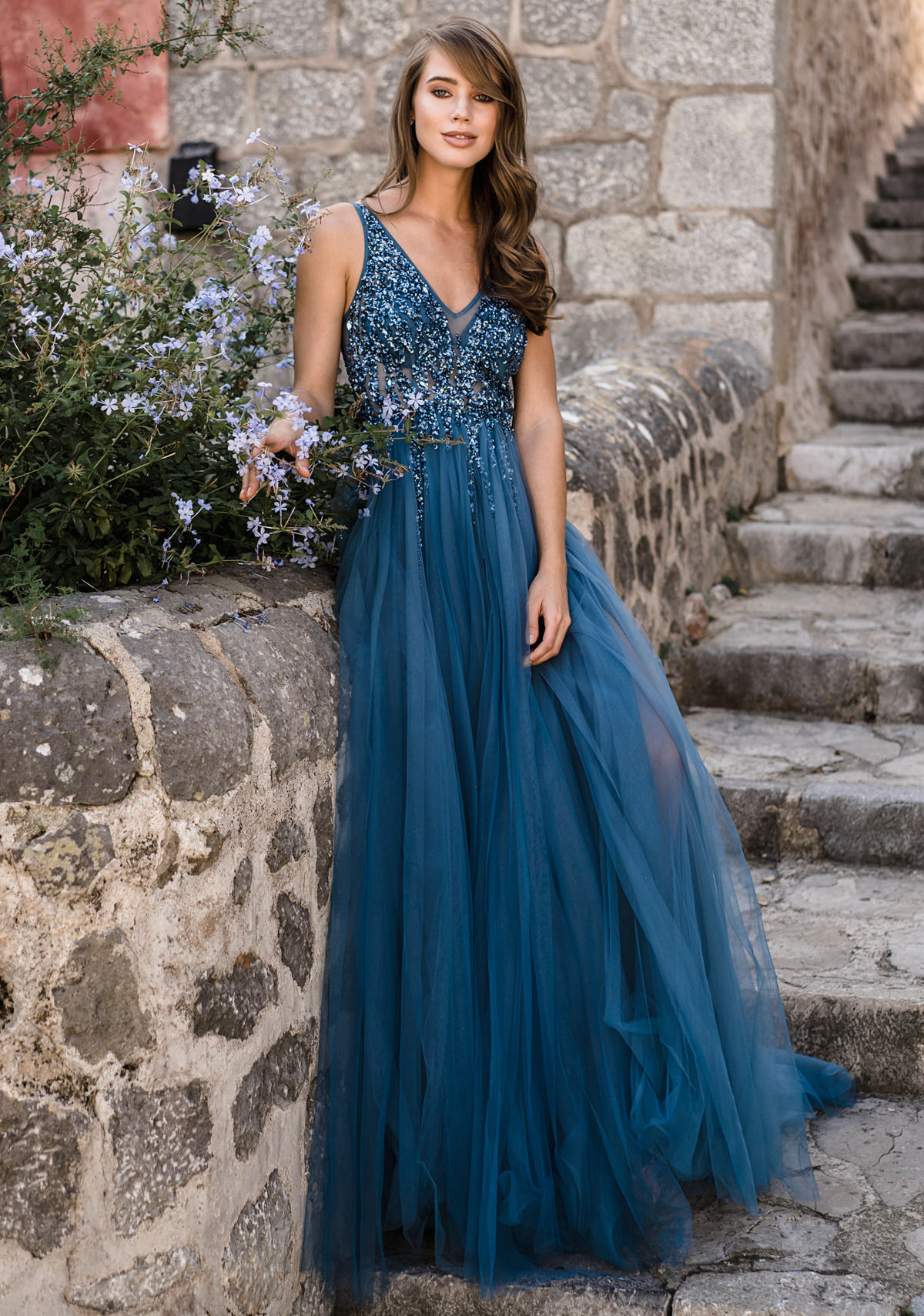 Shop Jovani 08487 Blue Illusion Bodice Embellished Evening Dress