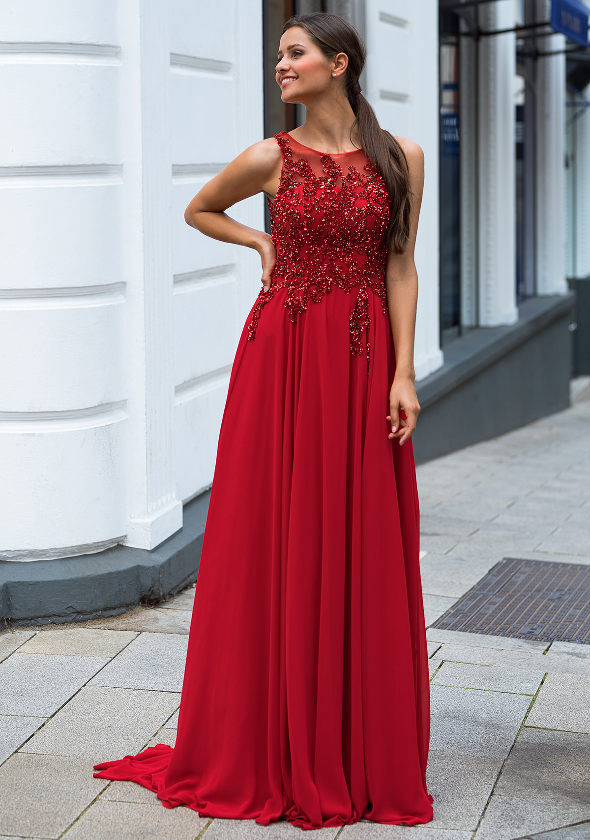 Evening dress made of chiffon with glitter decor in salsa red ...