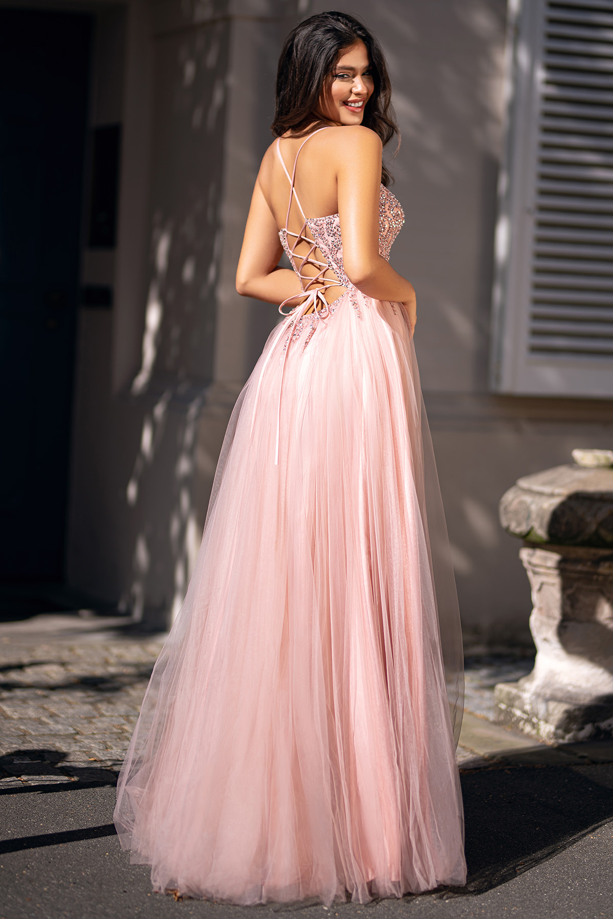 Abendkleid Aus Tüll Mit Rückenschnürung In Dawn Pink Christian Koehlert