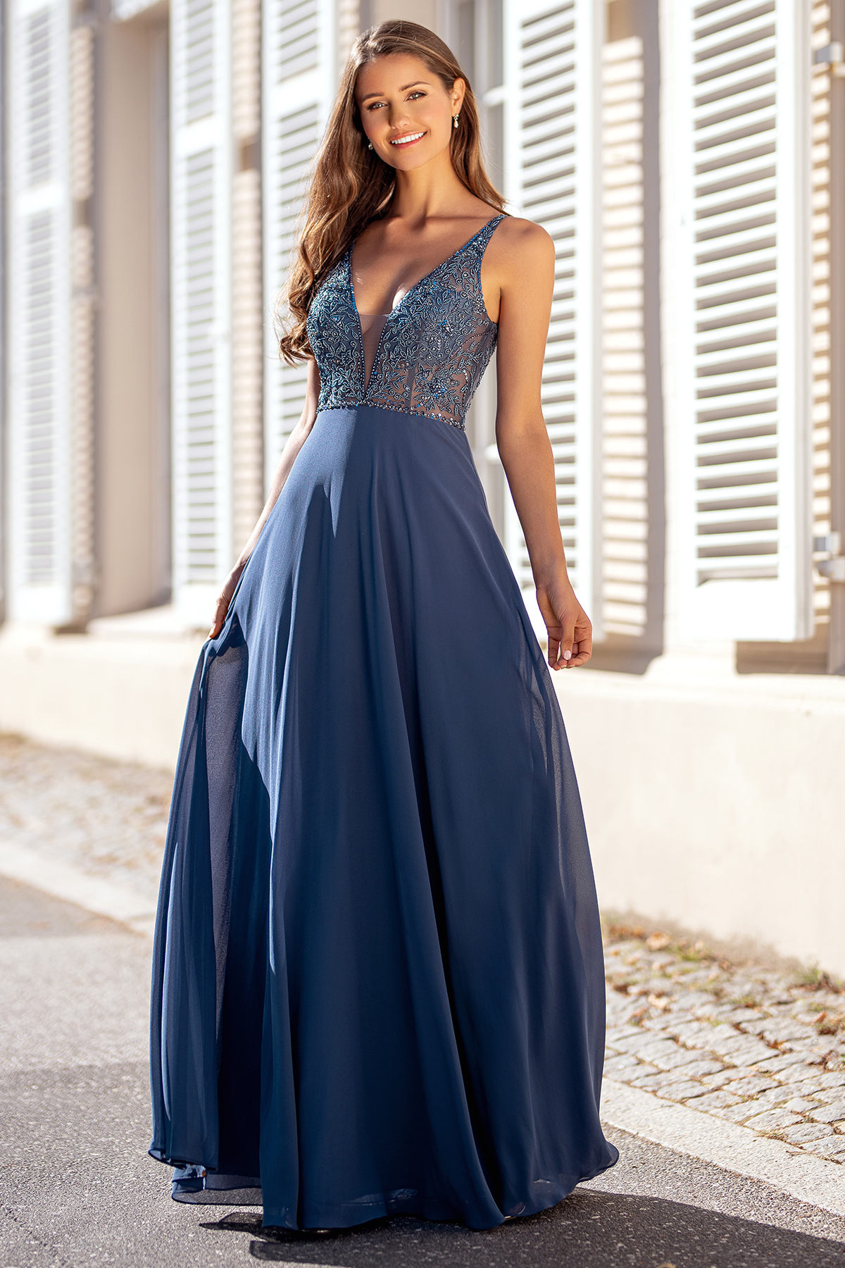 Evening dress made of chiffon in vintage indigo - Christian Koehlert