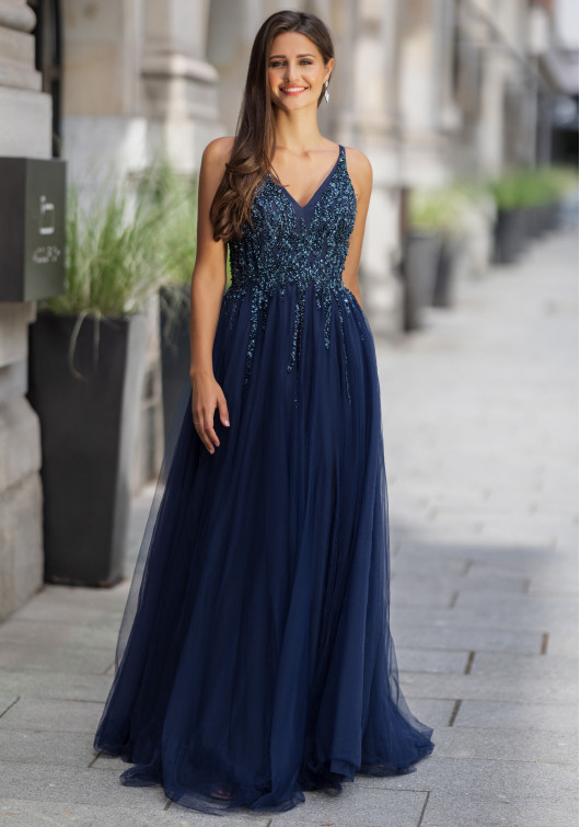 Floor-length evening dress in Twilight Blue - Christian Koehlert