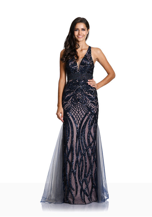 Evening dress with elaborate sequin embroidery in twilight blue ...